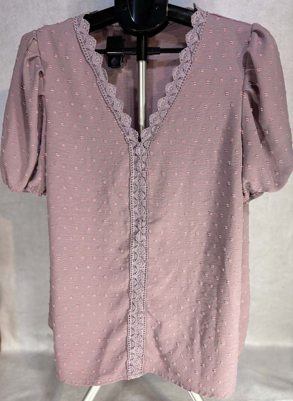 Swiss Dot V-Neck Blouse with Lace Trim and Puff Sleeves